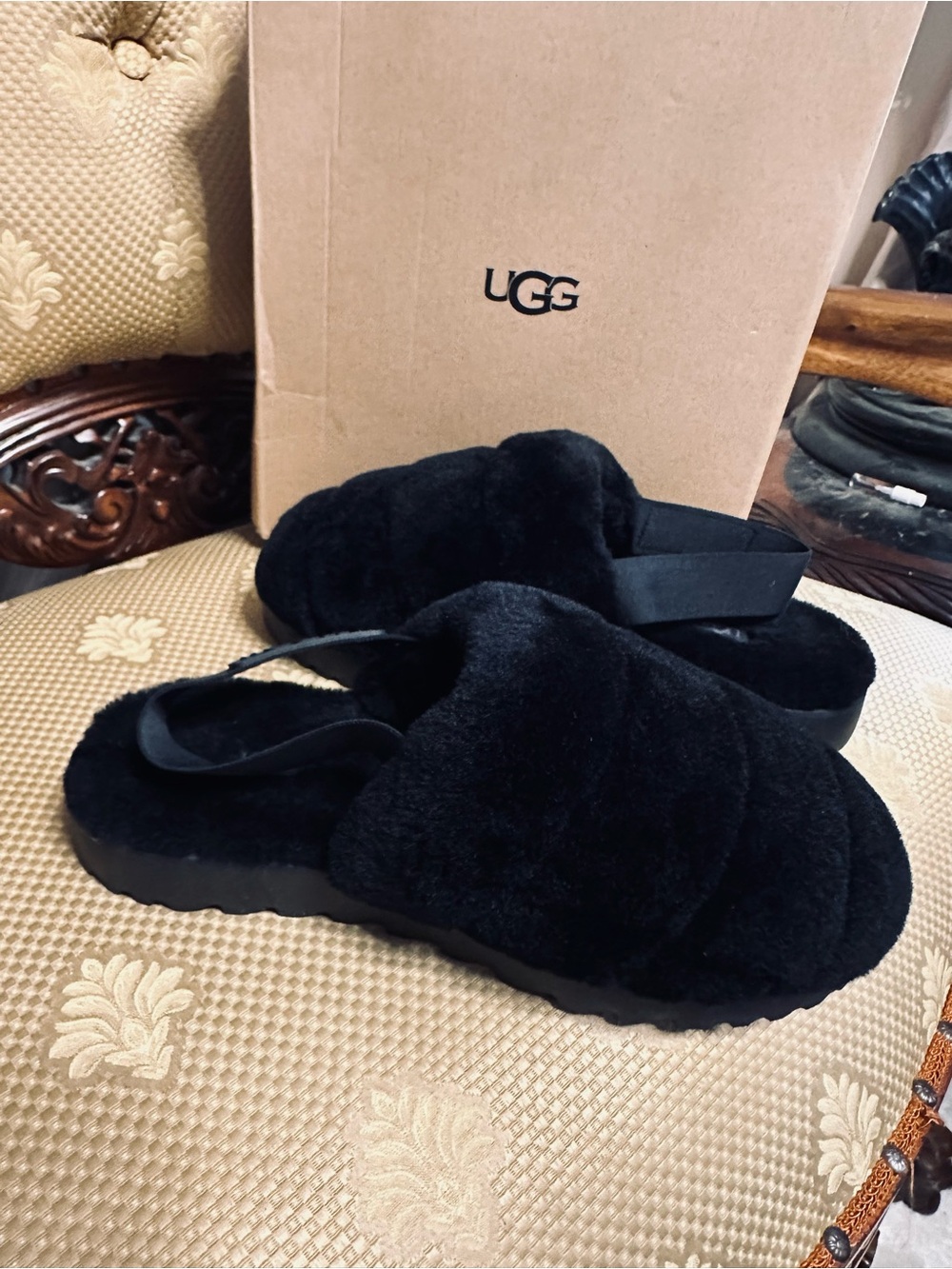 UGG Black Fuzz Slide Sandals with Elastic Back Strap
